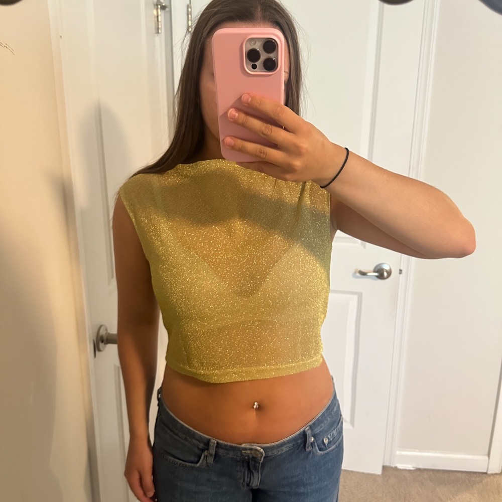 Sparkle Sheer Cropped Tank Top in Gold - Women